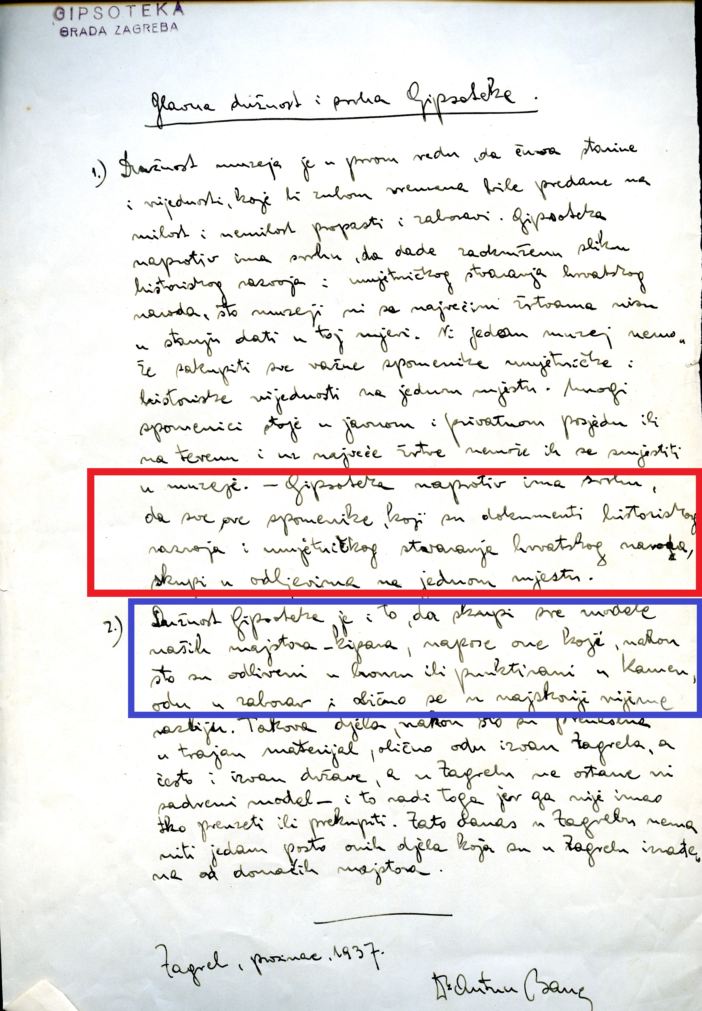 Antun Bauer: Glavna dužnost i svrha Gipsoteke prvo poslanje muzeja, 1937. godine, Arhiv Gliptoteke HAZU